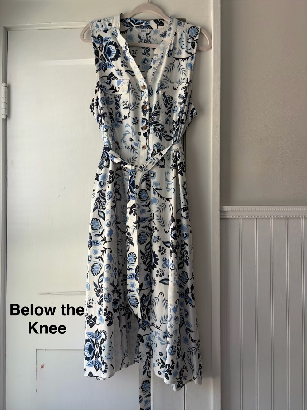 Sleeveless Blue Floral Shirt Dress with Belt